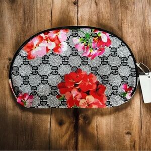 Floral Monogram Makeup Bag Black Trim Cosmetic Travel Pouch 8x6 Organizer